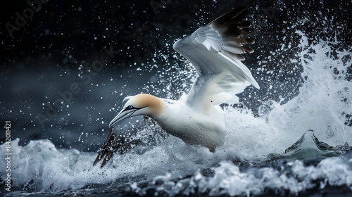 A northern gannet with wings tucked in, hitting the water at high speed, the splash around it frozen in time. photo