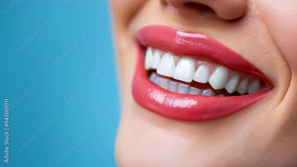 Naklejka premium Close up white female teeth, healthy woman smile mouth. Dental clinic patient, teeth whitening illustration, healthy gums banner, stomatology ad concept, space for your text.