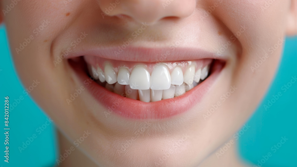 Fototapeta premium Close up white female teeth, healthy woman smile mouth. Dental clinic patient, teeth whitening illustration, healthy gums banner, stomatology ad concept, space for your text.