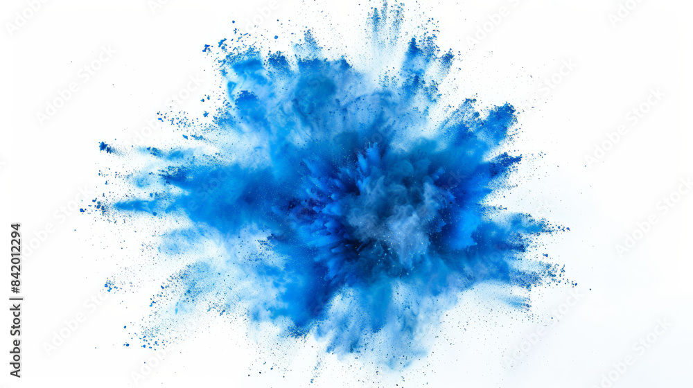 Blue powder explodes, creating a vibrant dust cloud on a white background, adding fun and celebration to design projects with a stylish and modern touch Blue powder explodes, creating a vibrant dust cloud on a white background, adding fun and celebration to design projects with a stylish and modern touch