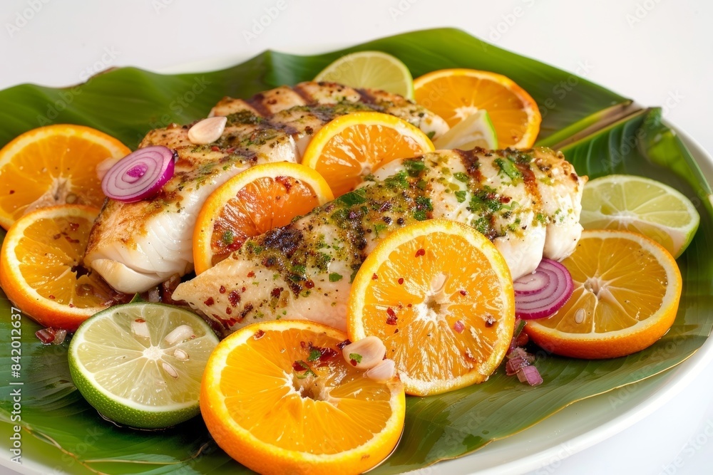 Luscious Mahi Mahi with Fresh Citrus and Chiles on Vibrant Banana Leaf Luscious Mahi Mahi with Fresh Citrus and Chiles on Vibrant Banana Leaf