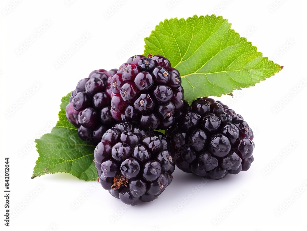 Fototapeta premium Bunch of mulberries with green leaf on a white background.