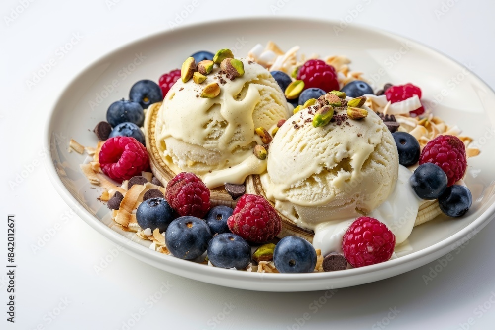 Luscious Banana Ice Cream Sundae with Crunchy Toppings and Fresh Berries Luscious Banana Ice Cream Sundae with Crunchy Toppings and Fresh Berries