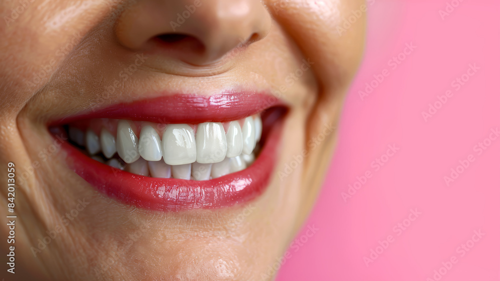 Close up white elderly female teeth, healthy woman smile mouth. Dental clinic patient, teeth whitening illustration, healthy gums banner, stomatology ad concept, space for your text. Close up white elderly female teeth, healthy woman smile mouth. Dental clinic patient, teeth whitening illustration, healthy gums banner, stomatology ad concept, space for your text.