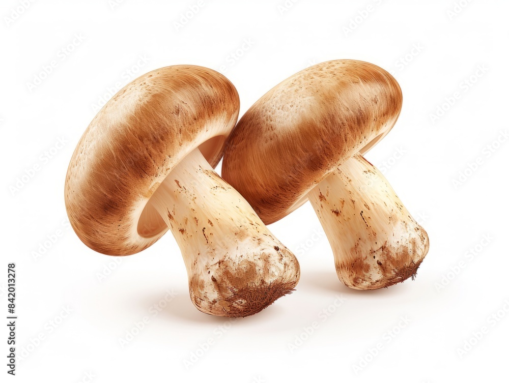 A close-up photo of three fresh mushrooms isolated on a white background. A close-up photo of three fresh mushrooms isolated on a white background.
