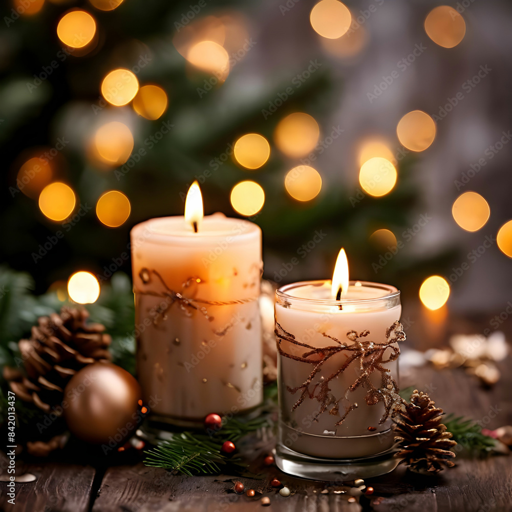 Christmas candles with bokeh background. Christmas Ligths and Candles Christmas candles with bokeh background. Christmas Ligths and Candles