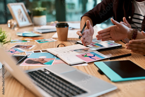 Laptop, teamwork and hands of people for graphic design, research and online project collaboration in office. Digital, internet and creative ideas for workshop with technology, notebook and advice.