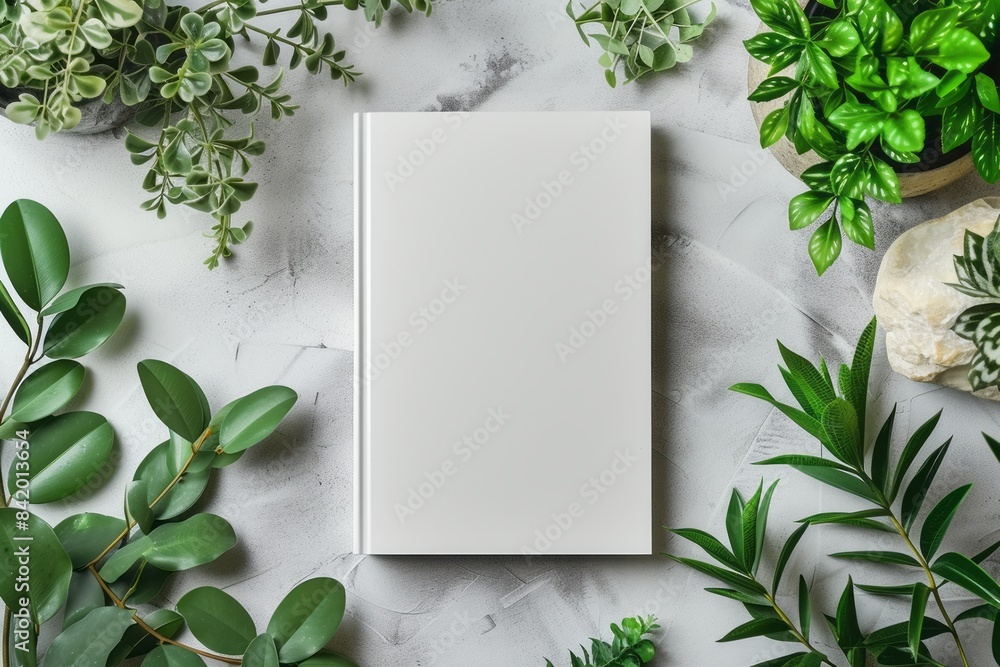Flat lay blank thin hardcover notebook mockup on a white table Flat lay blank thin hardcover notebook mockup on a white table