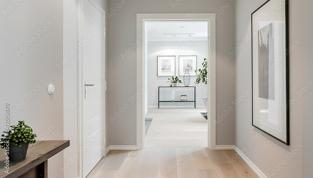 White walls, modern hall, there is a picture frame on the wall, White walls, modern hall, there is a picture frame on the wall,