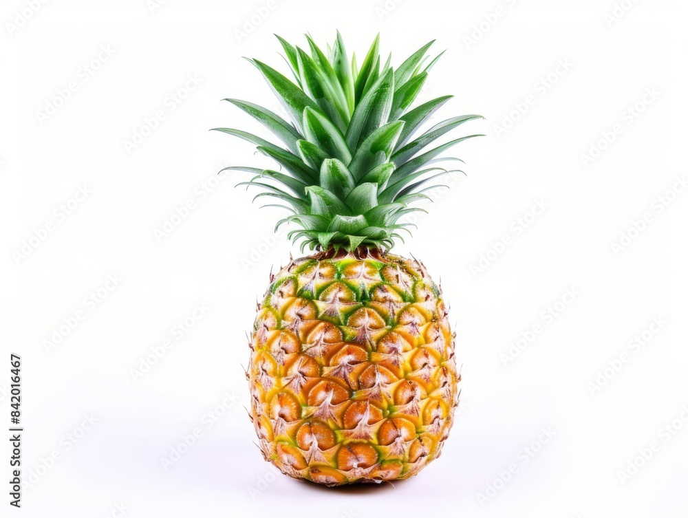 A ripe pineapple with a green crown of leaves sits on a clean white surface.. A ripe pineapple with a green crown of leaves sits on a clean white surface..