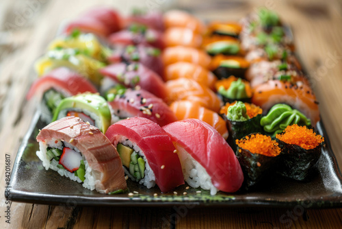 A vibrant sushi platter with various fresh ingredients