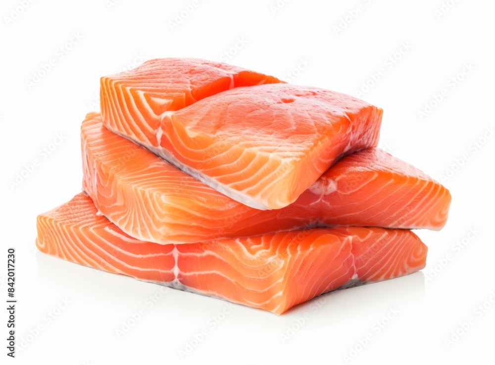 A stack of fresh, raw salmon slices on a white background. A stack of fresh, raw salmon slices on a white background.
