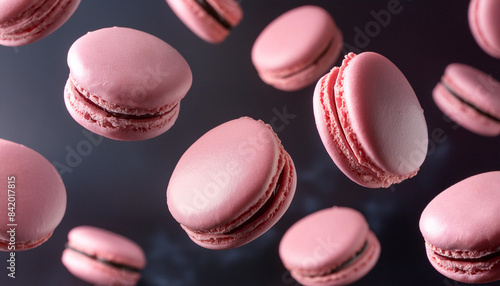 Close up of several macaroons flying in the air on dark plain background © anandart
