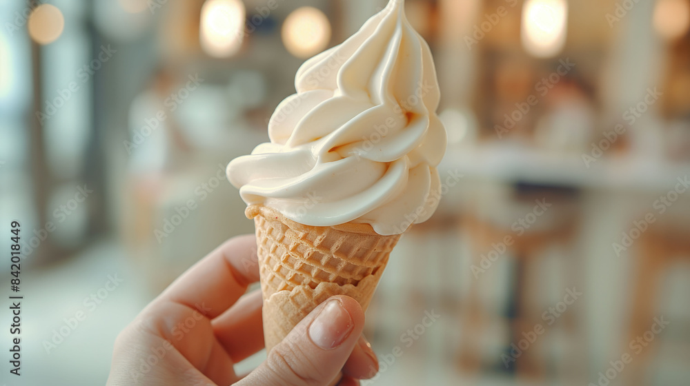 Person hand holding a white vanilla ice cream in a waffle cone on ...