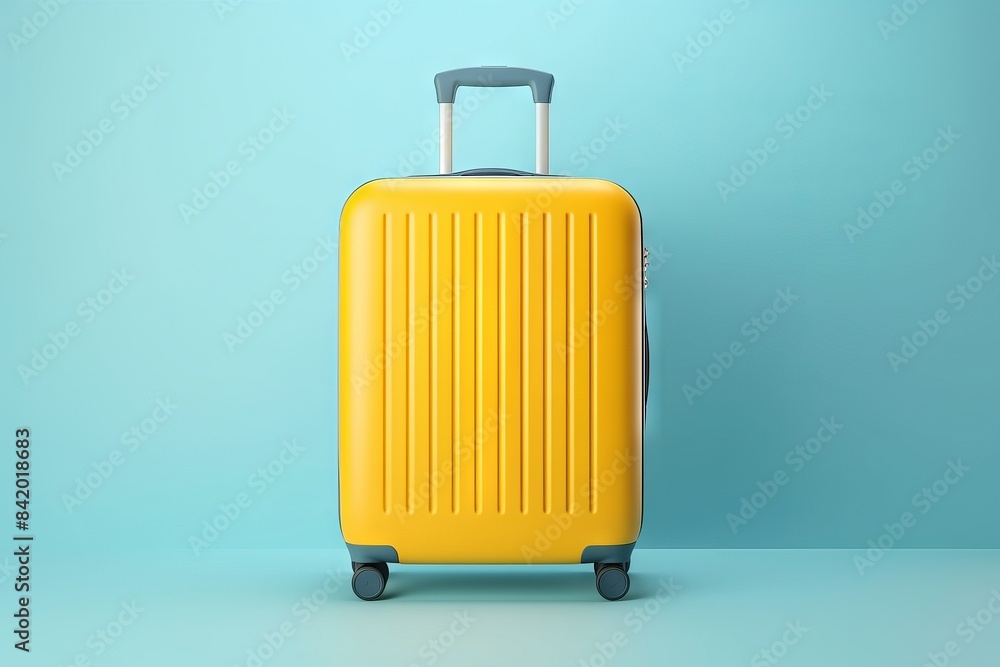 A vibrant yellow suitcase with a black handle and wheels against a blue background. A vibrant yellow suitcase with a black handle and wheels against a blue background.