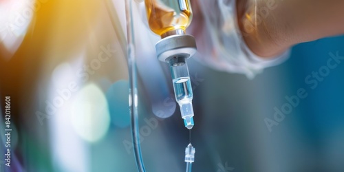 Close-up of an IV drip attached to a patient's arm.