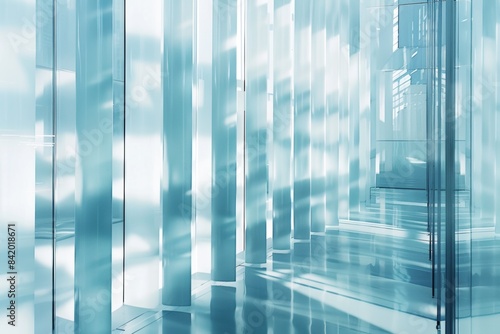 Serene blue modern office lobby with reflective surfaces and sunlight