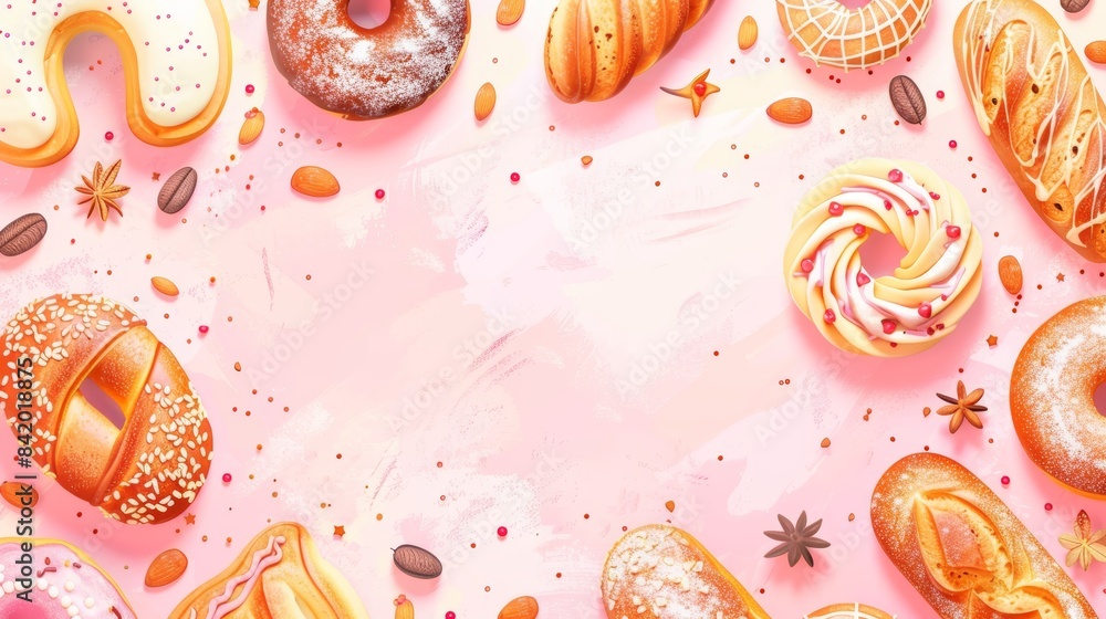 Variety of delicious pastries and donuts arranged on a soft pink background with scattered coffee beans and spices. Variety of delicious pastries and donuts arranged on a soft pink background with scattered coffee beans and spices.