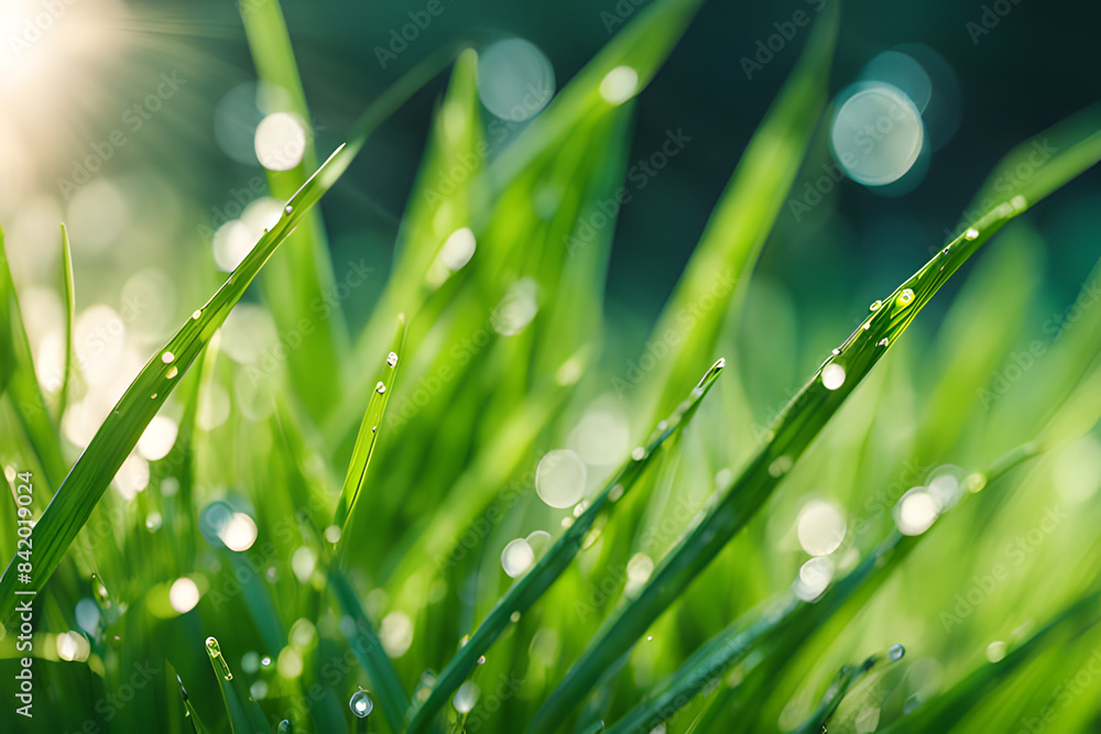 Fototapeta premium grass with dew drops. This image conveys the concept of artistic creation in a dramatic high-contrast style.
