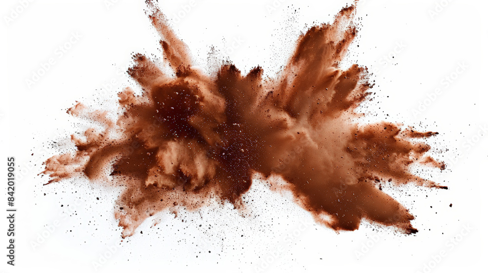 Brown powder explodes in a dynamic cloud against a white background, adding chaos and art to designs with flying particles and splashes of color Brown powder explodes in a dynamic cloud against a white background, adding chaos and art to designs with flying particles and splashes of color