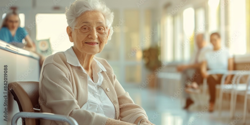 Focus a happy Elderly Put a plaster on the wound Hip and smile look at camera sitting on waiting chair with modern Pediatrics department background, insurance advertising concept, photography Focus a happy Elderly Put a plaster on the wound Hip and smile look at camera sitting on waiting chair with modern Pediatrics department background, insurance advertising concept, photography