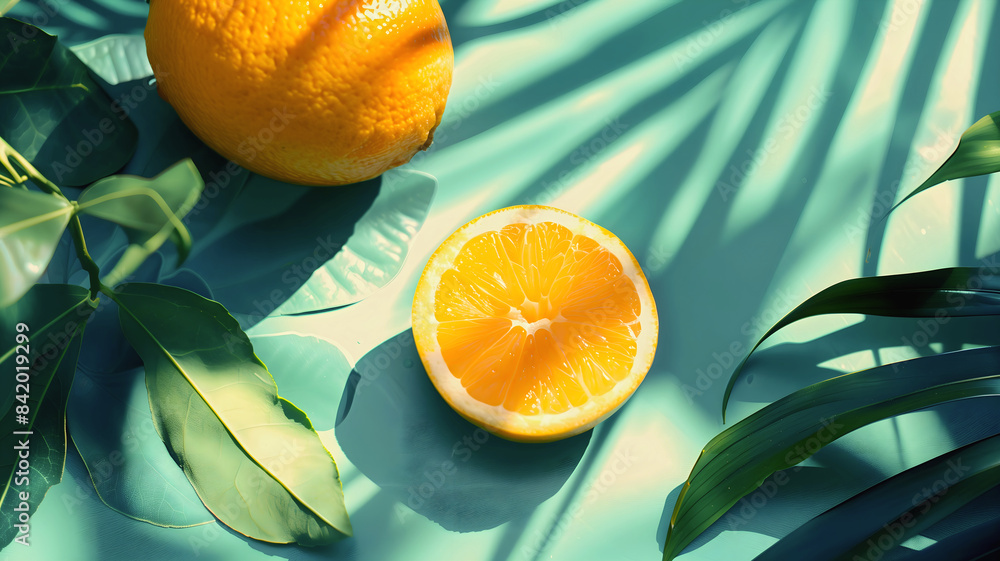 Sliced orange ang green foliage on green background, healthy food template, vitamins, summer, copy space area
