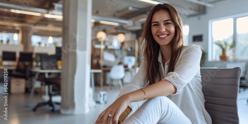 Focus a happy Woman Area injury Toe and smile look at camera with sitting on modern Office background Free Download Focus a happy Woman Area injury Toe and smile look at camera with sitting on modern Office background - GFXLoad