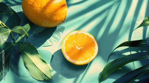 Obraz na płótnie Sliced orange ang green foliage on green background, healthy food template, vitamins, summer, copy space area w salonie