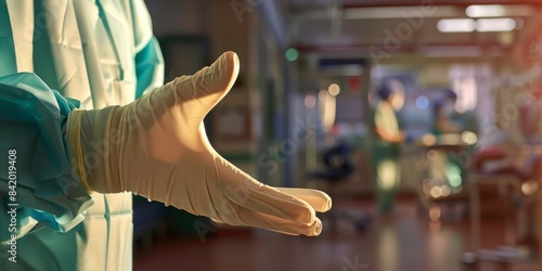 Focus on a medical glove being donned by a surgeon. photo