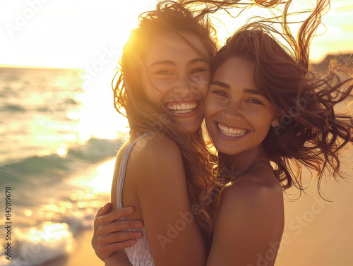 Two beautiful young women smiling on a summer sunset at the beach, they hug each other and enjoying the time together.