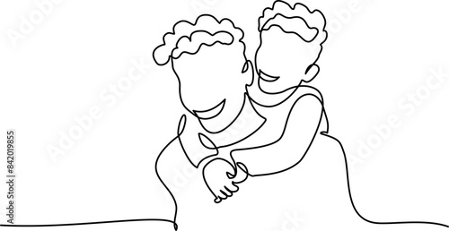 Happy Fathers Day holiday card. Son hug dad from back