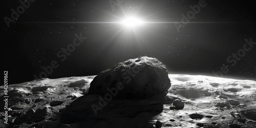 Noir-style photo of the asteroid looming ominously in the sky, creating a sense of dread and uncertainty. Free space photo