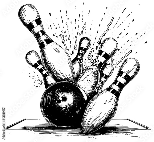 bowling ball and pins illustration in black, isolated 