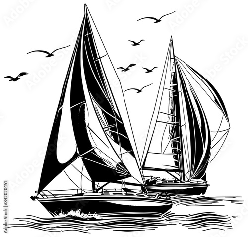 Silhouette of sailboats on the sea, isolated 