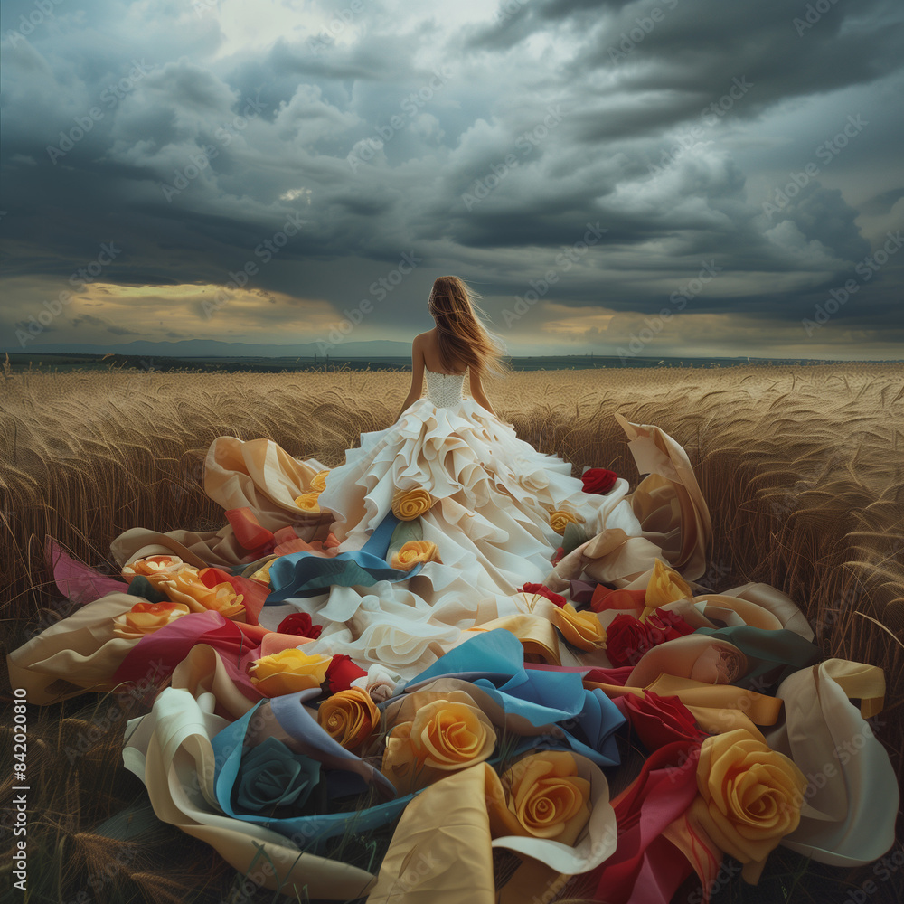 Φωτογραφία A beautiful woman wearing a dress made of colorful roses, walking in a wheat field