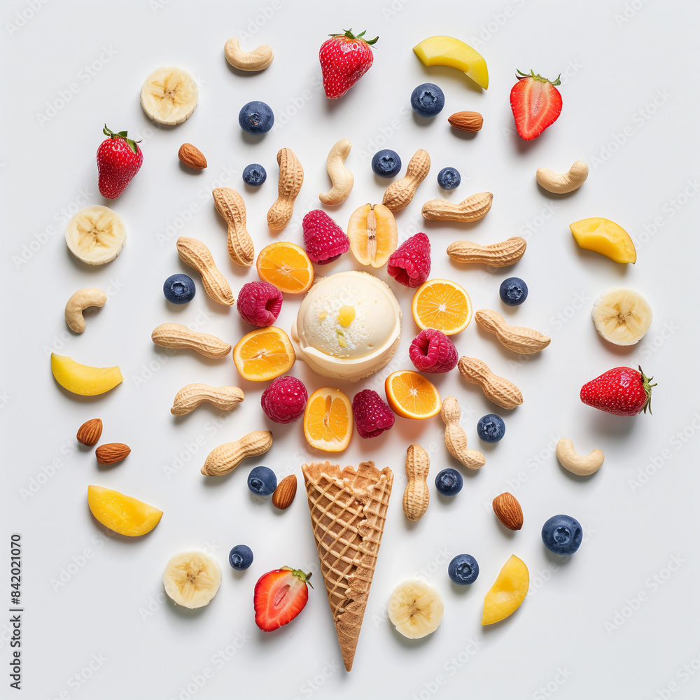 flat lay of ice cream cone surrounded by fruits and nuts on white background. Minimal creative food concept. flat lay of ice cream cone surrounded by fruits and nuts on white background. Minimal creative food concept.