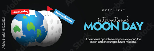 International Moon Day. 20th July Moon day celebration cover banner, social media post with earth globe and full moon. The theme for 2024 is Illuminating the shadows, with exploring south side photo