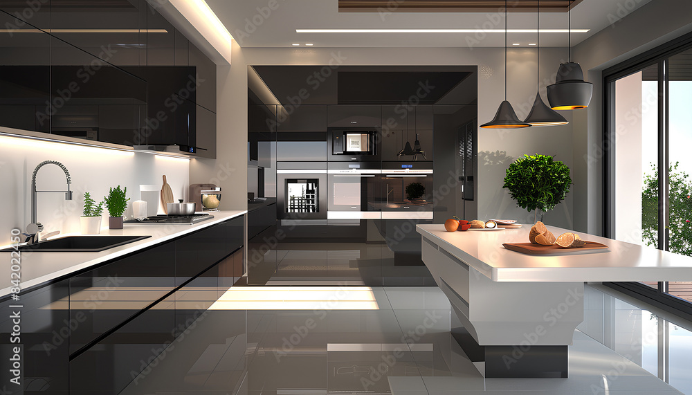 Fototapeta premium Interior of modern kitchen with island, built-in oven and white