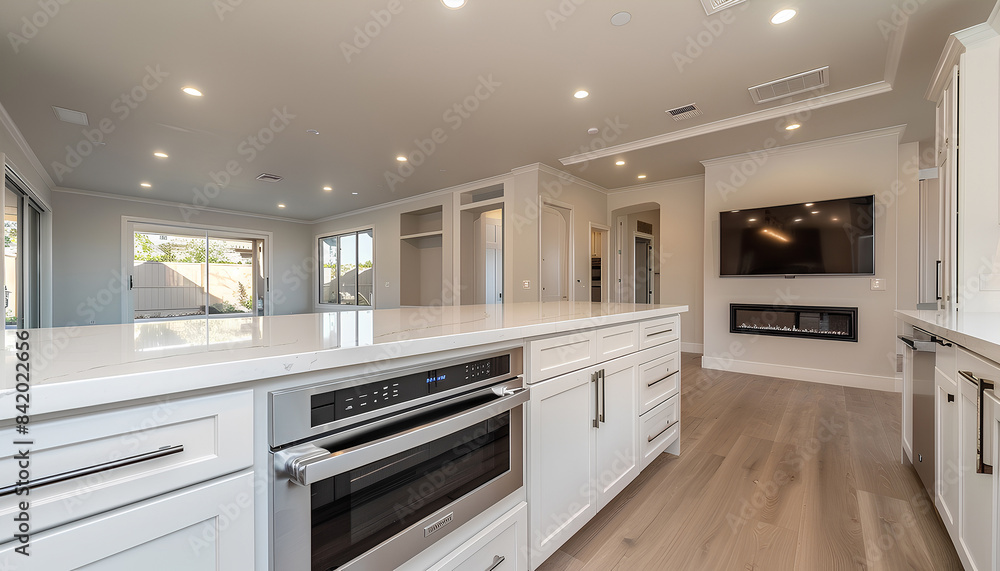Interior of modern kitchen with island, built-in oven and white Interior of modern kitchen with island, built-in oven and white