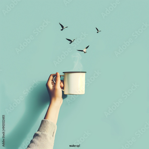 A hand holding a coffee mug with steam coming out of it, birds flying in the sky above, light blue background, text 