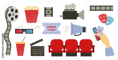 Set of cinema elements. Film reel, popcorn, 3D glasses, clapperboard, movie ticket, loudspeaker, megaphone, soda, theater mask, seats. White background. Vector illustration