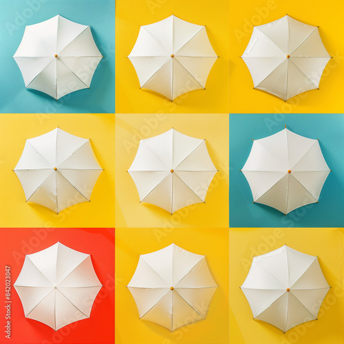 Symmetrically arranged white umbrellas on a yellow background  casting colorful square shadows  create an abstract pattern.Minimal creative summer vacation concept.Flat lay