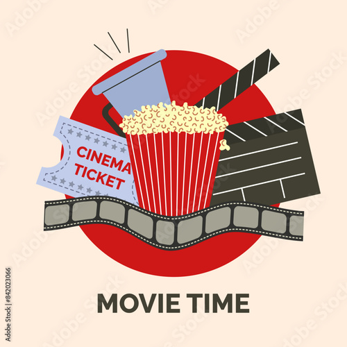 Movie time. Banner poster for cinema. Clapperboard, film reel, cinema ticket, popcorn, megaphone. Vector illustration