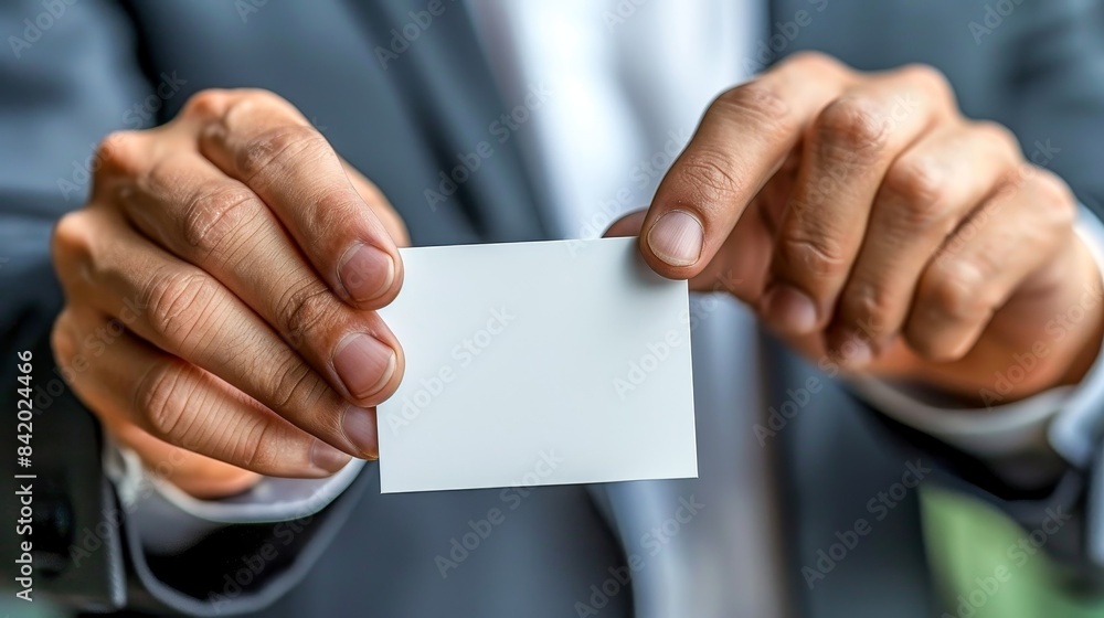Obraz premium Close-up of a businessman in a suit holding a blank business card. Perfect for corporate, networking, and branding concepts.