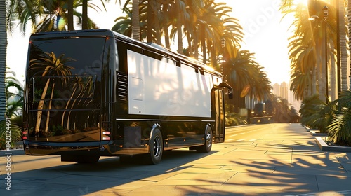 Reflective black bus travels a sunny palm tree avenue, back billboard empty.
