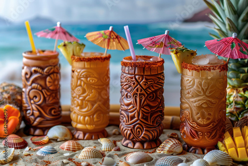 Exotic tiki cocktails with umbrellas  served on a bamboo table with beach backdrop