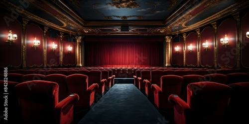 Elegant Cinema Theater with Classical Decor, White Screen, and Rows of Seats. Concept Classical Decor, White Screen, Rows of Seats, Elegant Cinema Theater