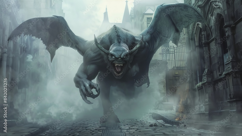 Fototapeta premium A menacing gargoyle-like creature advances through a foggy, Gothic cityscape