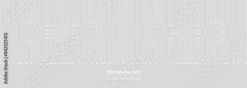 Gray abstract futuristic technology circuit board background. Digital technology technological concept grey wide banner. Vector illustration