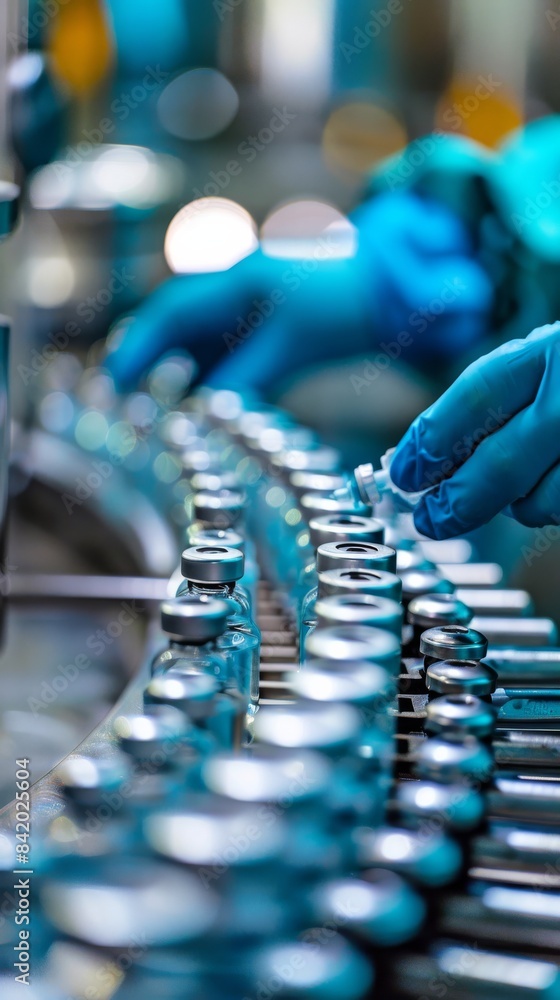 Pharmaceutical production line with vials and technician in blue gloves. Hightech sterile environment is crucial for qualitycontrolled manufacturing of medicine and healthcare products Pharmaceutical production line with vials and technician in blue gloves. Hightech sterile environment is crucial for qualitycontrolled manufacturing of medicine and healthcare products